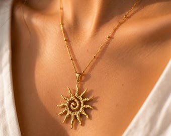 18K PVD Gold Plated Sun Necklace, Boho Jewelry, Gift for Her, Waterproof, Spiral Pendant