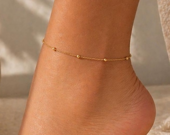 Tobillera con cuentas chapada en oro PVD de 18 quilates, pulsera de tobillo delicada e impermeable, joyería minimalista.
