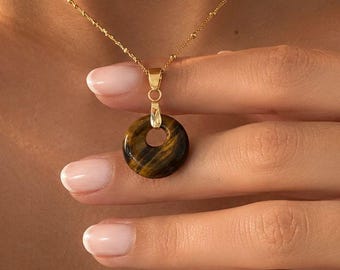 Tiger Eye Donut Necklace, 18mm Natural Pendant,18K Gold Plated Stainless Steel, Protection Stone