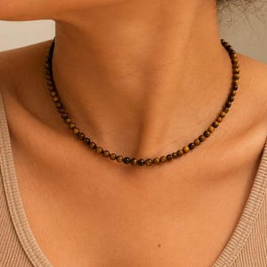 Gargantilla de ojo de tigre natural con cuentas, collar de capas con piedras preciosas de 4 mm, extensor chapado en oro.