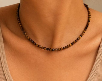 Natuurlijke choker met tijgeroogkralen, 4 mm ketting met edelsteenlagen, vergulde verlengstuk