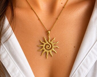 18k Gold PVD Plated Sun Necklace, Waterproof Stainless Steel Celestial Spiral Summer Jewelry