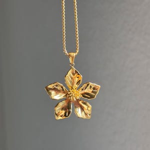 Puede incluir: Un collar dorado con un colgante de flor. El colgante es una flor detallada de cinco p&eacute;talos con superficies texturizadas. La cadena es un dise&ntilde;o delicado y enlazado. El fondo es gris liso y apagado.