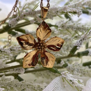 Puede incluir: Un collar con colgante de flor dorada. El colgante es un dise&ntilde;o de flor abierta detallada con cinco p&eacute;talos y un centro texturizado. La cadena del collar tambi&eacute;n es dorada y delicada. El fondo presenta flores blancas y vegetaci&oacute;n.