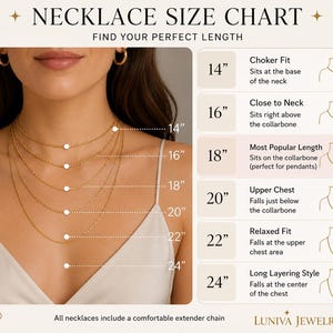 May include: A necklace size chart with a woman wearing multiple gold necklaces of varying lengths. The chart shows necklace lengths from 14" to 24", with descriptions like "Choker Fit" and "Long Layering Style". The text "NECKLACE SIZE CHART" is at the top.
