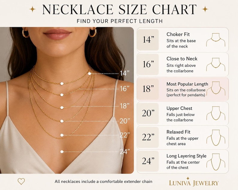 May include: A necklace size chart with a woman wearing multiple gold necklaces of varying lengths. The chart shows necklace lengths from 14" to 24", with descriptions like "Choker Fit" and "Long Layering Style". The text "NECKLACE SIZE CHART" is at the top.