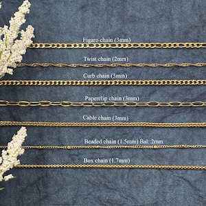 May include: A selection of gold-colored chain styles, including Figaro, Twist, Curb, Paperclip, Cable, Beaded, and Box chains. Each chain type is labeled with its name and width in millimeters, displayed against a dark blue background.
