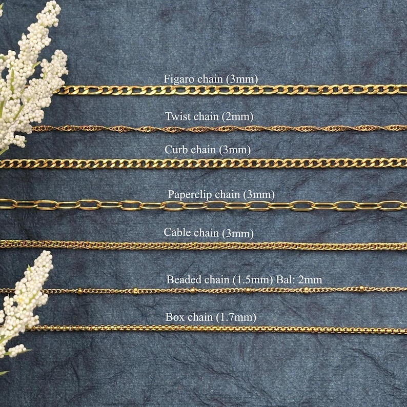 May include: A selection of gold-colored chain styles, including Figaro, Twist, Curb, Paperclip, Cable, Beaded, and Box chains. Each chain type is labeled with its name and width in millimeters, displayed against a dark blue background.