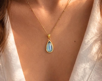 Collier pendentif aigue-marine en forme de larme, collier plaqué or Pvd 18 carats, bijoux minimalistes, acier inoxydable imperméable