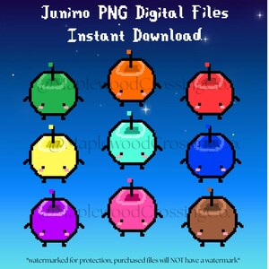 May include: A digital art image featuring nine pixelated Junimo characters in various colors: green, orange, red, yellow, teal, blue, purple, pink, and brown. Each character has a small stem and a smiling face. The text "Junimo PNG Digital Files Instant Download" is at the top.
