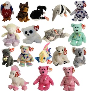 May include: A collection of fifteen plush stuffed animals including various bears, a cat, a dog, a koala, a horse, a fish, an eagle, and an anteater. Each plush toy features a small red heart-shaped tag with the letters ty printed in white.