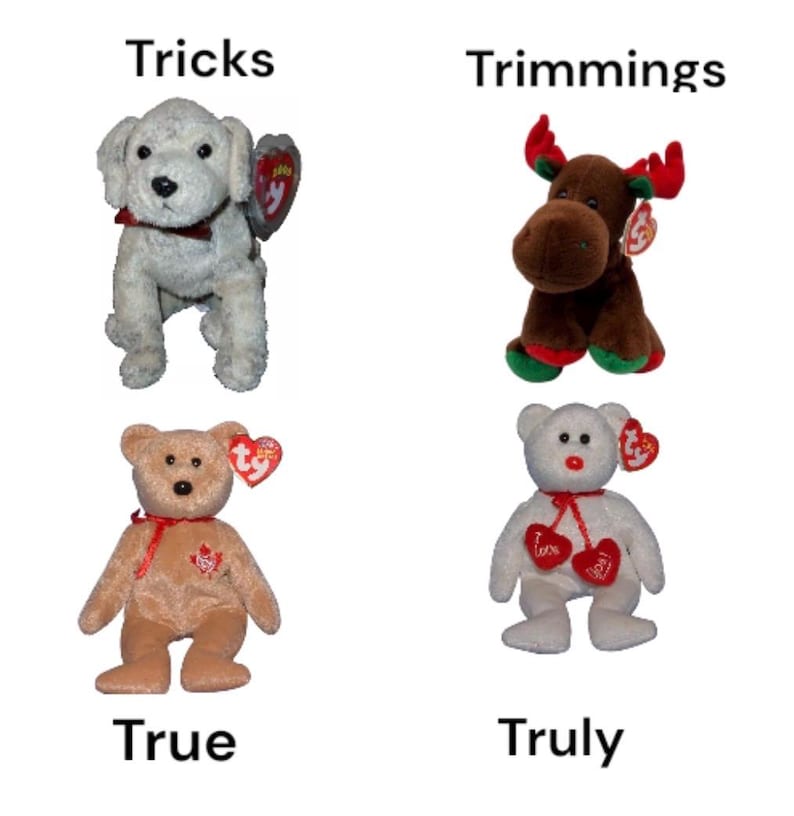 May include: Four plush toys are displayed, including a white dog, a brown moose with red antlers, a tan bear, and a white bear with heart-shaped accents. The toys have tags and are labeled "Tricks", "Trimmings", "True", and "Truly".