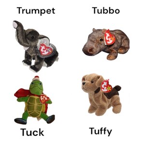 May include: Four Beanie Baby plush toys: an elephant named "Trumpet", a hippo named "Tubbo", a turtle named "Tuck", and a dog named "Tuffy". Each plush has a Ty heart-shaped tag.