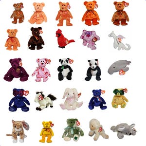 May include: A collection of Beanie Baby plush toys in various animal shapes and colors. The assortment includes bears, a cardinal, a dragon, pandas, a seahorse, a horse, a rabbit, a koala, and more. Each toy has a tag.