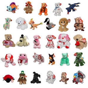 May include: A collection of various Beanie Baby plush toys, including animals like bears, dogs, and a fish. Each toy has a unique design and color scheme, with attached tags. The toys are arranged in a grid pattern.