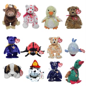 May include: A collection of Ty Beanie Baby plush toys, including a brown bull, a white bear with red hearts, a yellow chick, a brown bear, a blue bear, a red ladybug, an orange bear, and a blue shark. Also included are a dog, a Dalmatian, a blue bear, and a green duck.