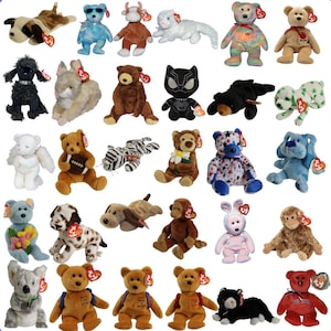 May include: A collection of various Beanie Baby plush toys, including bears, dogs, cats, and other animals. The toys are in various colors and styles, with tags attached.