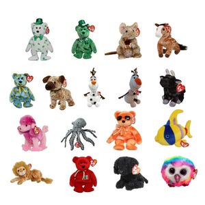 May include: A selection of soft toy animals, including bears, a mouse, a horse, a dog, Olaf from Frozen, a goat, a poodle, an octopus, a bear with sunglasses, a fish, a lion, a red bear, a black dog, and an owl.