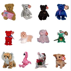 May include: A selection of Beanie Baby soft toys, featuring bears, a dog, a tiger, a flamingo, and a mouse. The toys are in various colours and designs, each with a tag attached.