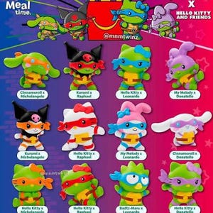 May include: A promotional poster for McDonald's Happy Meal featuring Teenage Mutant Ninja Turtles and Hello Kitty and Friends character mashup figurines. The image displays twelve unique character figures with labels, set against a gradient background.