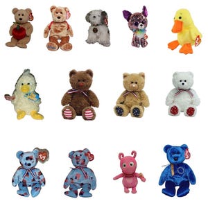 May include: A collection of colorful plush toys, including teddy bears, a dog, a duck, and a pink creature. The teddy bears vary in color and design, some with patriotic themes. The duck is yellow with an orange beak and feet.