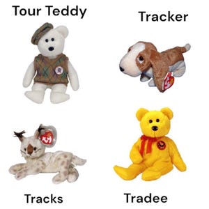 May include: Four Beanie Baby plush toys: "Tour Teddy" wearing a hat and sweater, a brown and white "Tracker" dog, a spotted "Tracks" cat, and a yellow "Tradee" bear with a red ribbon. Each has a tag.