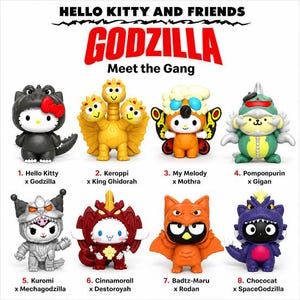 Può includere: Otto statuette dei personaggi di Hello Kitty and Friends vestiti da mostri Godzilla. Il set include Hello Kitty come Godzilla, Keroppi come King Ghidorah, My Melody come Mothra, Pomponpurin come Gigan, Kuromi come Mechagodzilla, Cinnamoroll come Destoroyah, Badtz-Maru come Rodan e Chococat come SpaceGodzilla.