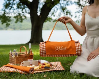 Coperta da picnic personalizzata con stampa del nome di famiglia, coperta da picnic con speciale motivo a quadri, coperta da esterno ricamata idrorepellente, regalo