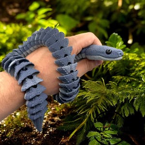 May include: A flexible, articulated toy snake in a matte slate blue colour. The snake features a segmented, scale-like body design with a smooth, rounded head, prominent black eyes, and a textured surface throughout its entire length.