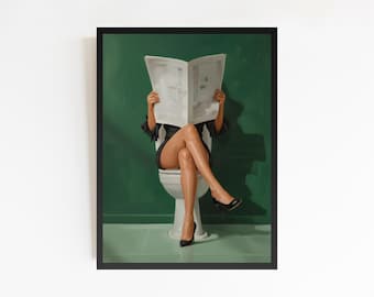 Girl Reading Newspaper in Toilet Print, Hypebeast Bathroom Decor (Digital Download)