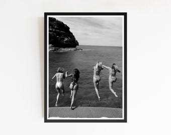 Summer Ocean Jump Print, Black and White Coastal Decor (Digital Download)