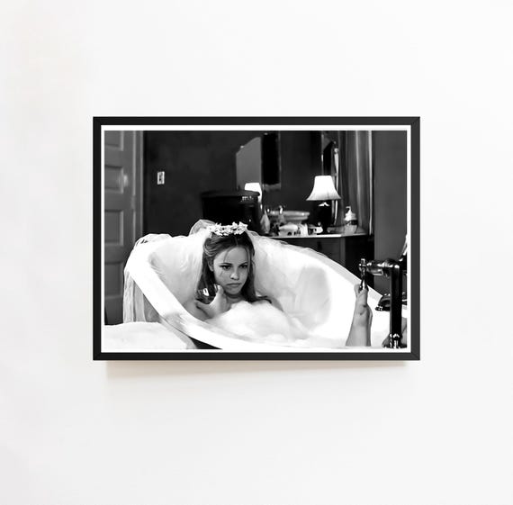 Romantic Drama Film Poster, Woman in Bathtub Print, Funny Bathroom Wall Art, Vintage Print, Black and White, Bathroom Decor