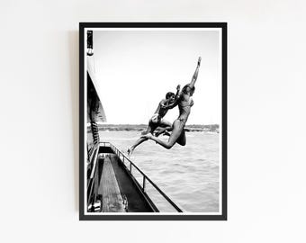 Women Jumping into Ocean Art Print, Coastal Beach House Decor (Digital Download)