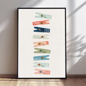 Colorful Clothespin Art Print, Stacked Watercolor Painting, Laundry Room Wall Decor, Unique Clothesline Art