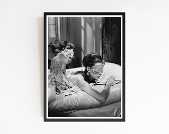 Audrey Hepburn Sleeping with Cat, Black and White Photography Print