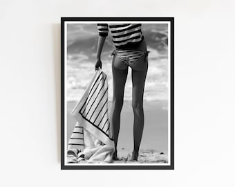 Woman on Beach Print, Coastal Wall Art, Summer Poster, Vintage Wall Art, Black and White, Fashion Wall Art, Teen Girl Room Decor