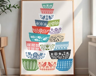 Colorful Pyrex Mixing Bowls Print, Vintage Kitchen Wall Art, Retro Dining Room Decor, Mid Century Modern Art