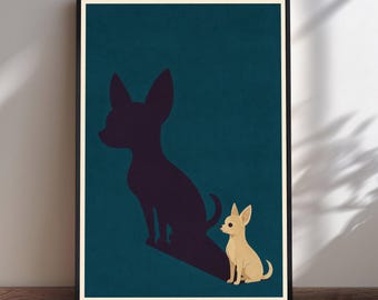 Peut inclure: Une affiche encadrée représentant un petit Chihuahua beige clair assis sur un fond bleu sarcelle foncé. Le chien projette une grande ombre violette foncée en forme de chien beaucoup plus grand, créant un contraste entre l'animal et son ombre.