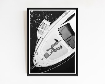 Girl on Yacht Poster, Black and White Retro Fashion Print (Digital Download)