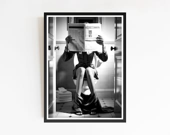 Girl Reading Newspaper on Toilet Print, Black and White Bathroom Decor (Digital Download)