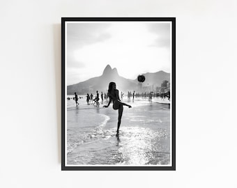 Woman Football on Beach Print, Vintage Black and White Poster