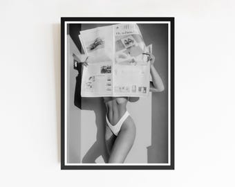 Woman Reading Magazine Print, Summer Poster, Vintage Wall Art, Black and White, Fashion Wall Art, Beach Room Decor