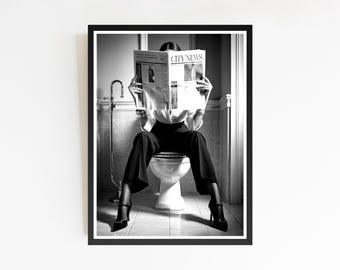 Girl Reading Newspaper in Toilet, Hypebeast Bathroom Print (Digital Download)