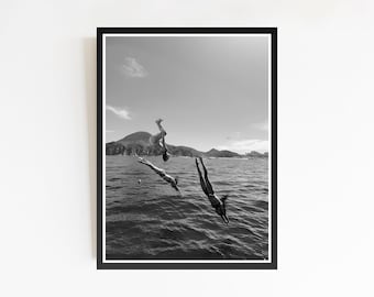 Women Jumping into Ocean Art Print, Summer Coastal Decor (Digital Download)