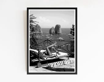 Girl Sunbathing Poster, Trendy Wall Art, Girl Room Decor, Vintage Print, Fashion Wall Art, Black and White, Vintage Aesthetic Bikini Poster