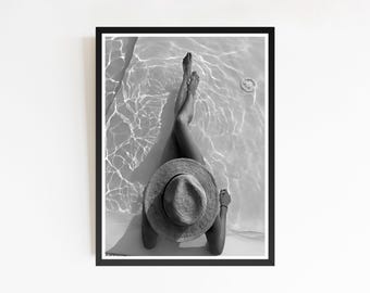 Woman on Beach Print, Coastal Wall Art, Summer Poster, Vintage Wall Art, Black and White, Fashion Wall Art, Teen Girl Room Decor