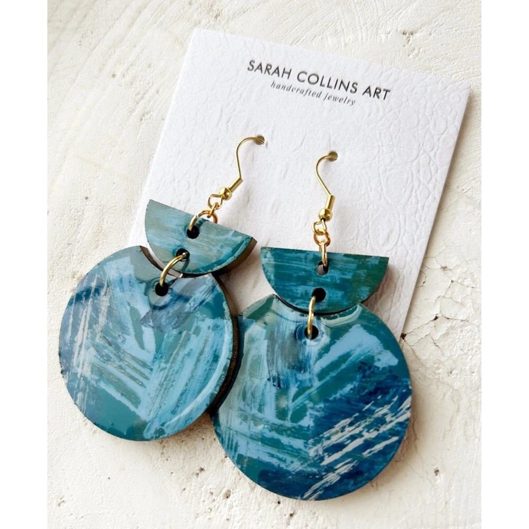 Navy Blue Statement Earrings Hand Painted Wooden Art Earring Etsy