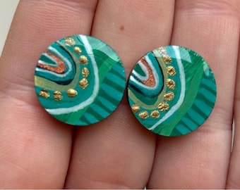 Round Green Stud Earrings, Hand Painted Studs, Wearable Art Jewelry Gift for Women
