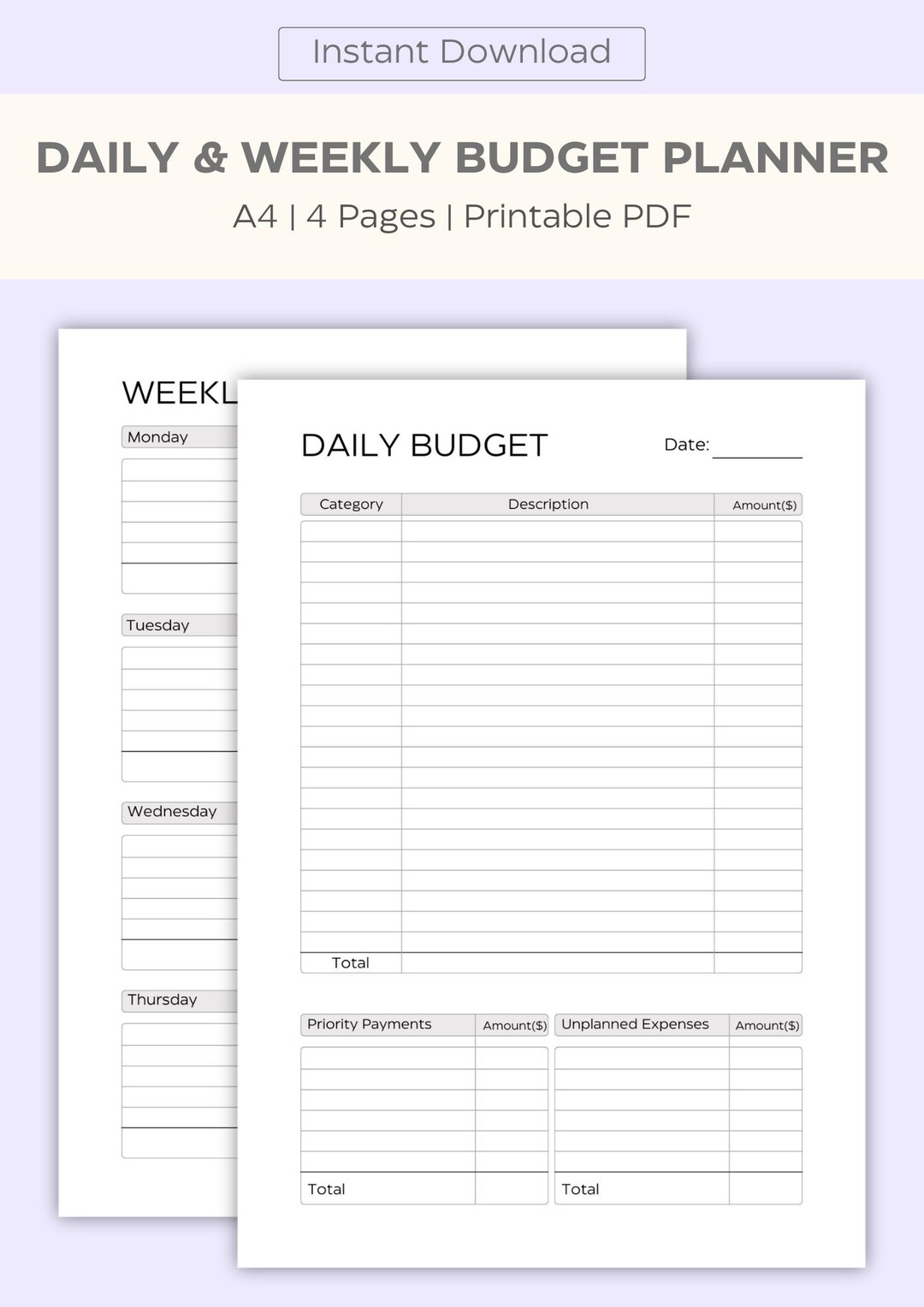 Daily Expense Tracker, Weekly Budget Planner, Finance Organizer - Printable PDF Set - Etsy