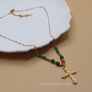 Gold Cross Pendant Necklace: Beaded Chain, Religion Jewelry